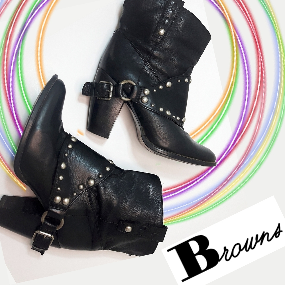 Vintage Brownsđ„Ankle Studded Leather Western Boho Booties - Picture 1 of 14